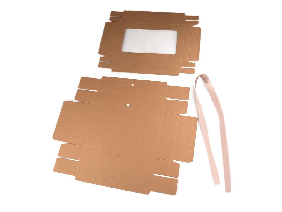 Folding Paper Box with Window and Ribbon (package 5 pc.) - natural brown