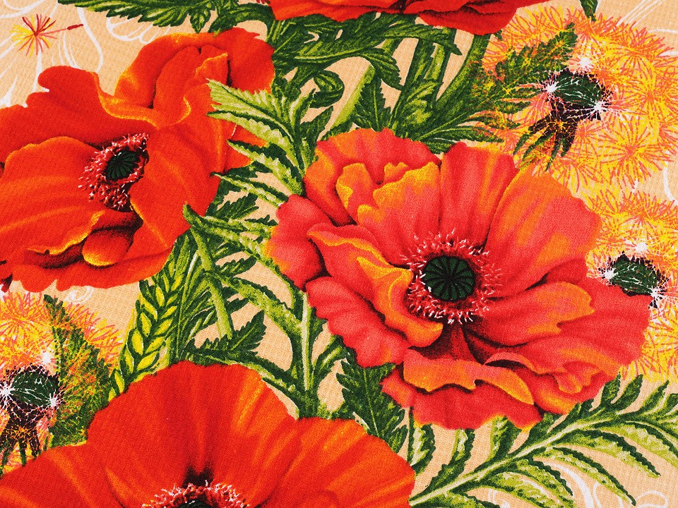 Cotton Waffle Pique Fabric Poppies - (sale by the meter)