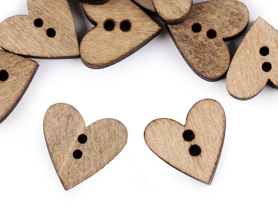 Wooden Decorative Button Heart, natural dark, 10 pc.