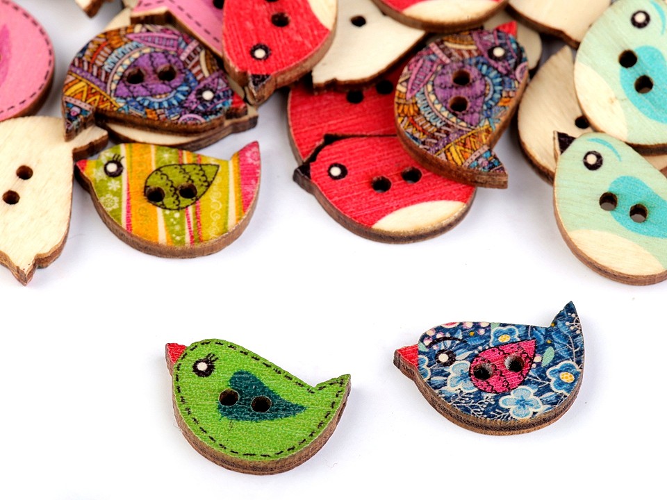 Wooden Decorative Button Bird, mix, 10 pc.