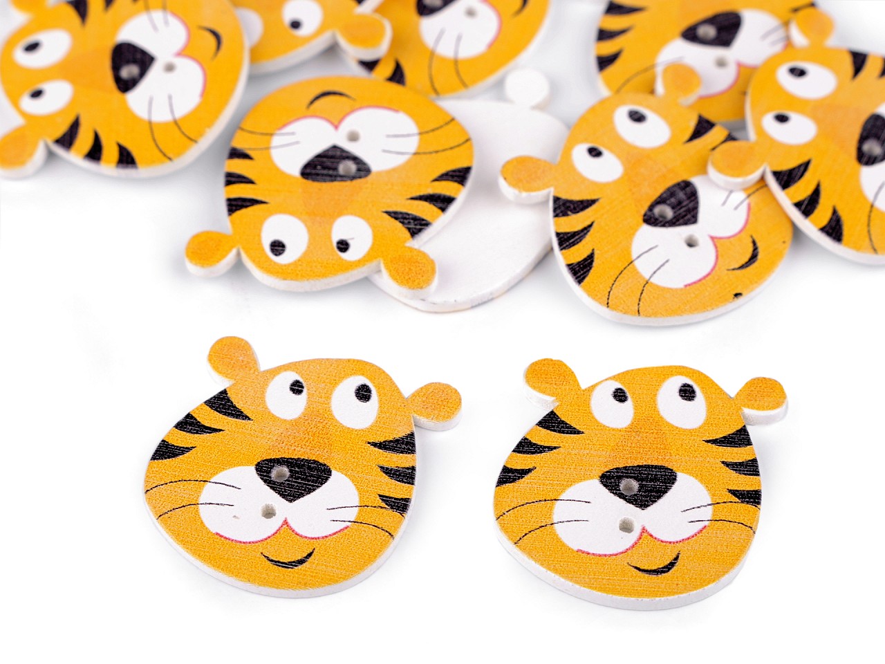 Wooden Decorative Button Animals - tiger, yellow, 10 pc.