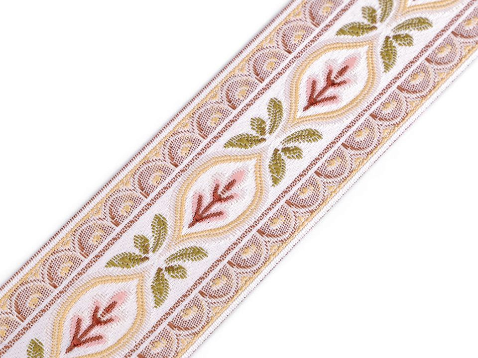 Woven Jacquard Tapestry Ribbon Trim width 59 mm - ecru light - red, 1 ml.