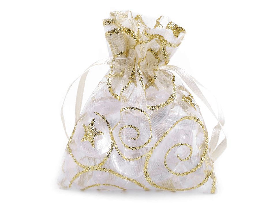 Organza Gift bag 6.5x9 cm with glitters (package 10 pc.) - cream lightest - gold