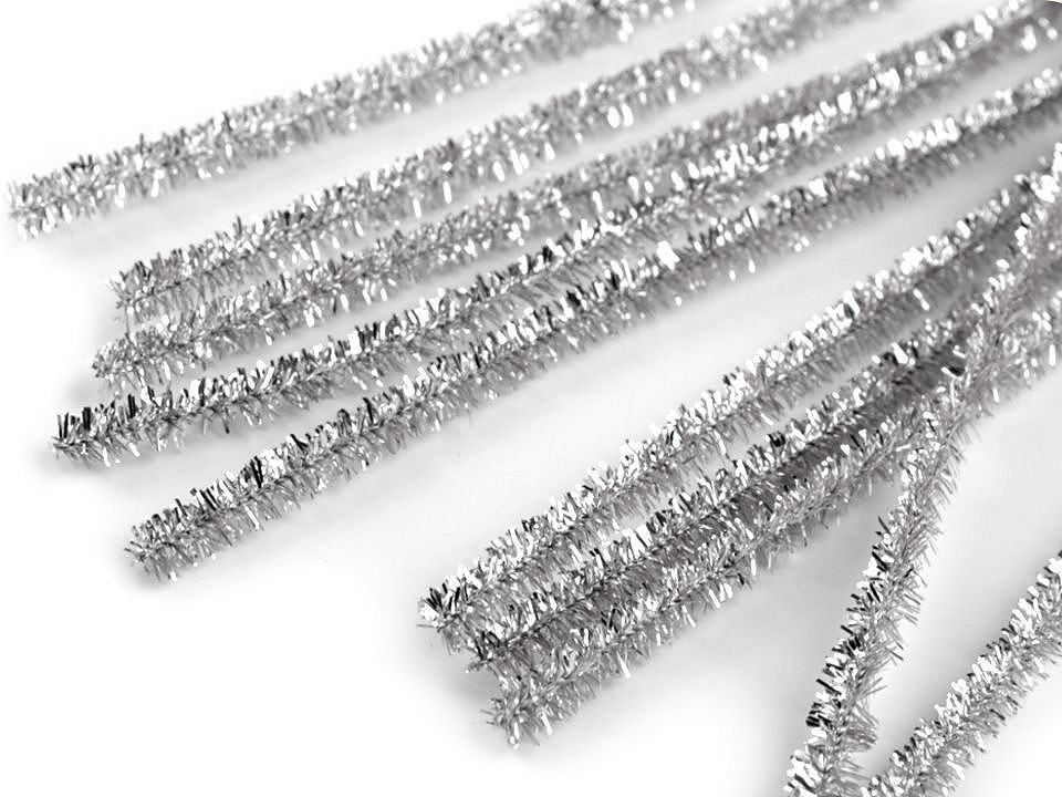 Fuzzy Chenille Wire Sticks with lurex Ø6 mm length 30 cm, silver, 20 pc.