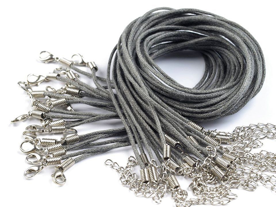 Waxed Cotton Cord with Lobster Clasp 45 cm, pearl grey, 2 pc.