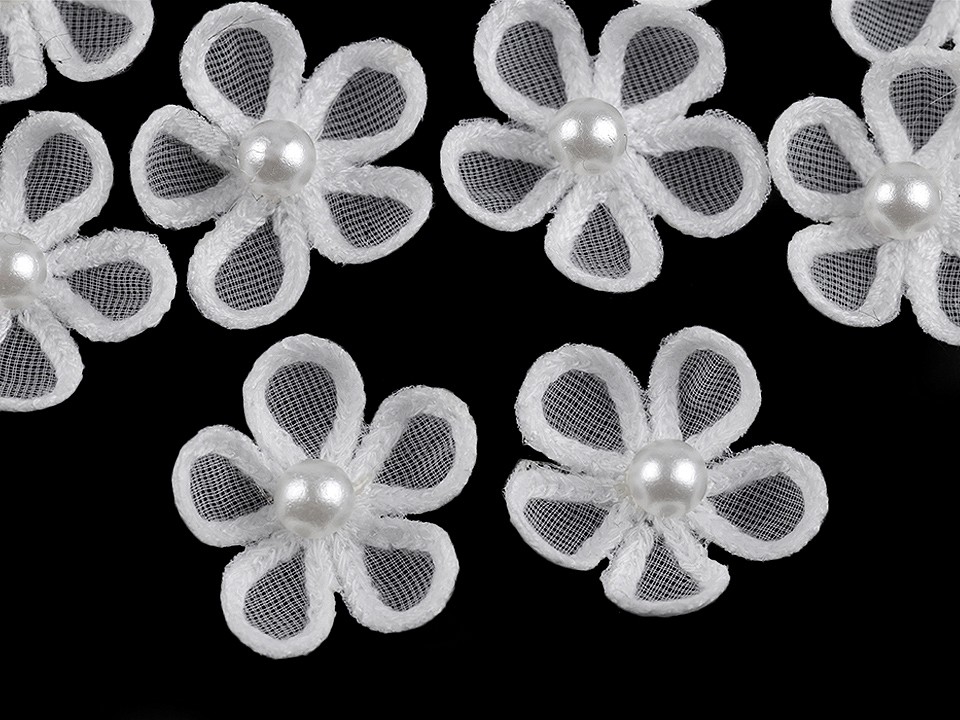 Organza Flower Applique with Pearl Bead Ø25 mm, Off White, 10 pc.