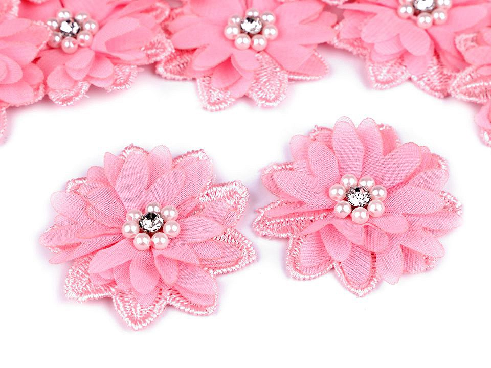 Flower Applique with Beads Ø50 mm, pink, 10 pc.