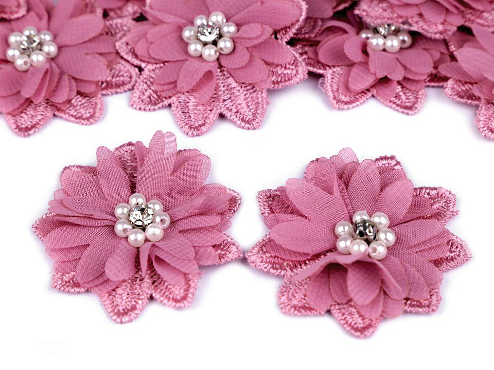 Flower Applique with Beads Ø50 mm, vintage pink, 10 pc.