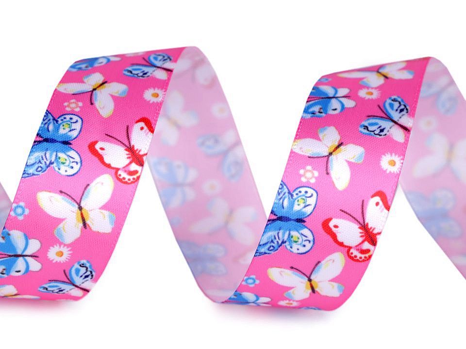 Satin Ribbon with Butterflies width 25 mm, pink, 22.5 m