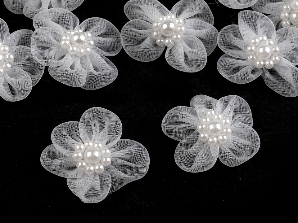 Organza Flower Ø30-35 mm with Imitation Pearls, white, 10 pc.