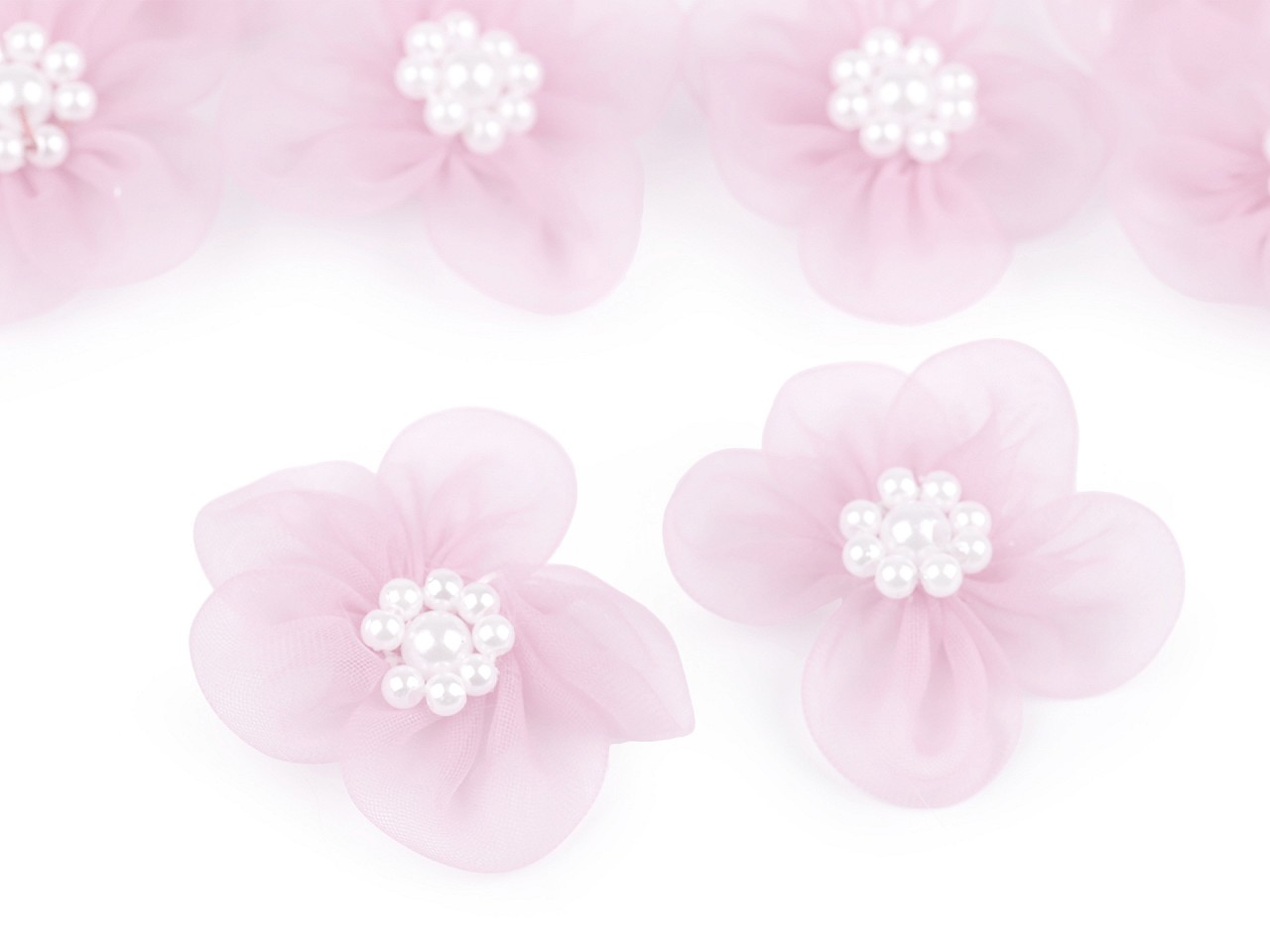 Organza Flower Ø30-35 mm with Imitation Pearls, light pink, 10 pc.