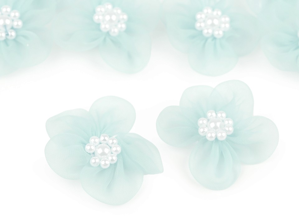 Organza Flower Ø30-35 mm with Imitation Pearls, mint, 10 pc.