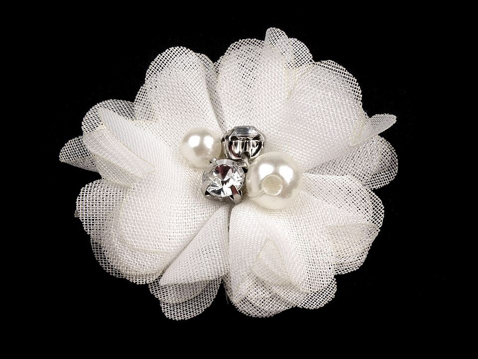 Decorative Mesh Flower Ø50 mm with Beads, white, 10 pc.