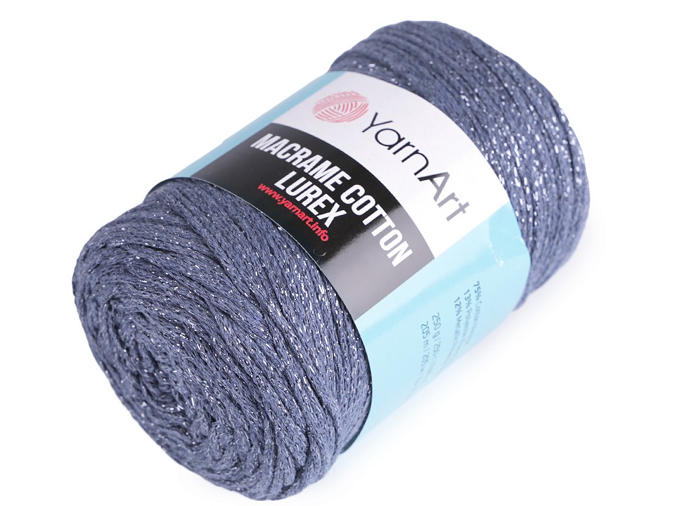 Fir de tricotat / croșetat Macrame Cotton cu lurex, 250 g - albastru denim - argintiu