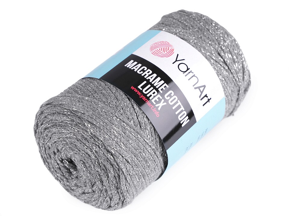 Fir de tricotat / croșetat Macrame Cotton cu lurex, 250 g - gri - argintiu